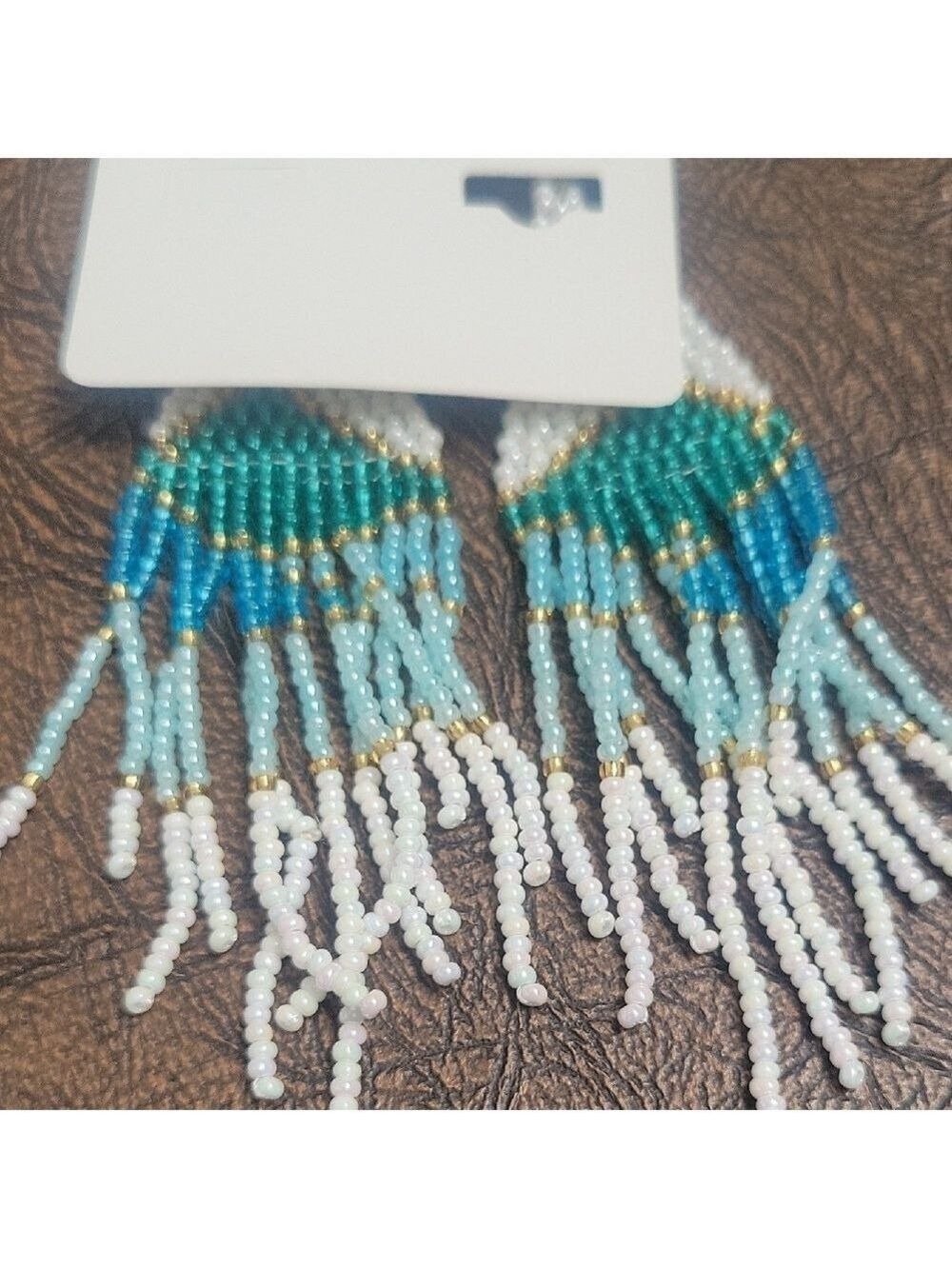Boho Beaded Fringe Earrings Lot 2 Pairs Turquoise Brown White - Picture 4 of 9